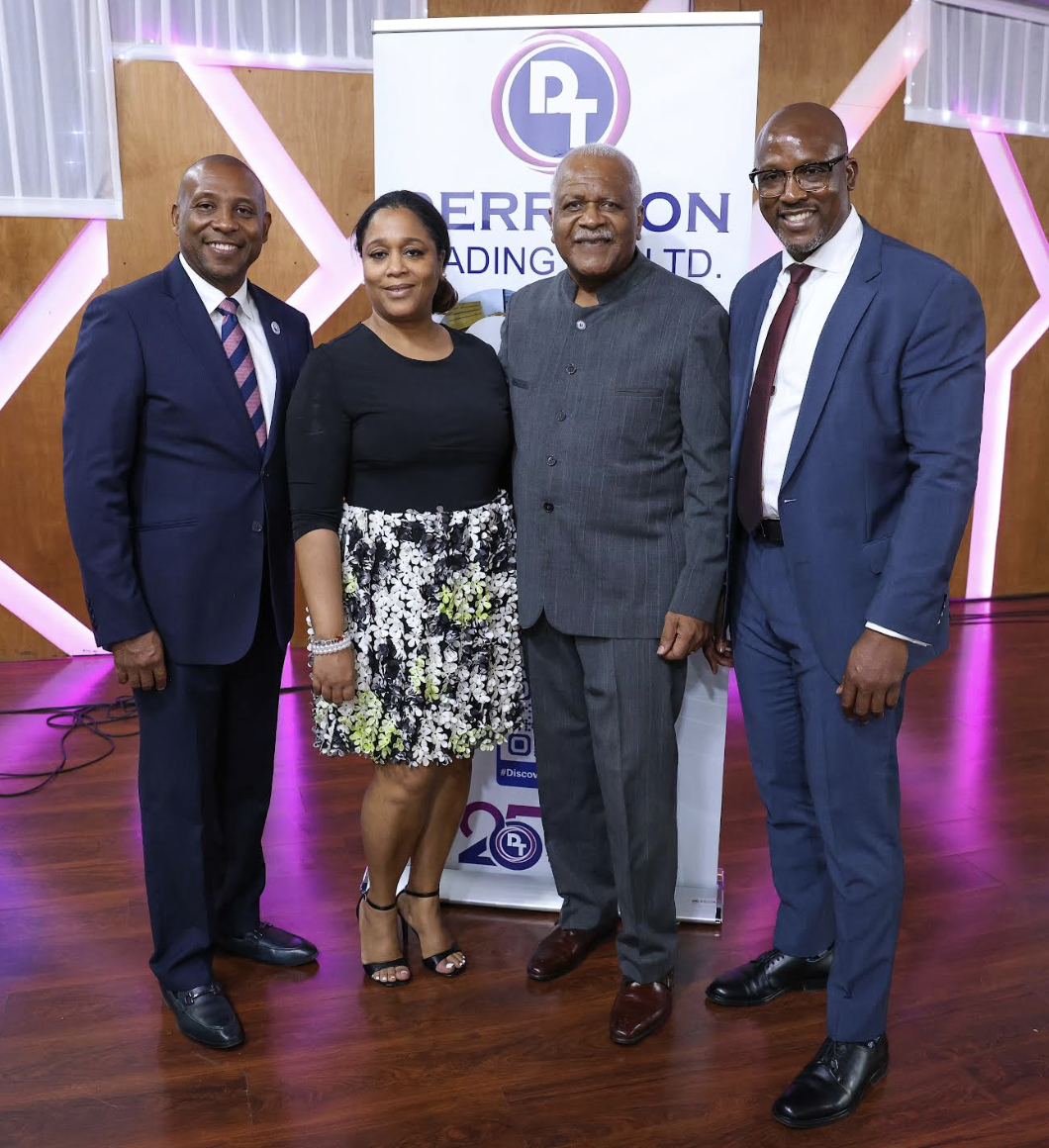 Pastor Al Miller (second right), Head Minister, Fellowship Tabernacle, shares in the 25th anniversary celebrations with Derrimon’s Derrick Cotterell (far left), Chairman and CEO, Monique Cotterell (second left), Human Resource Director and Company Secretary,  and Ian Kelly, Group Chief Financial Officer.